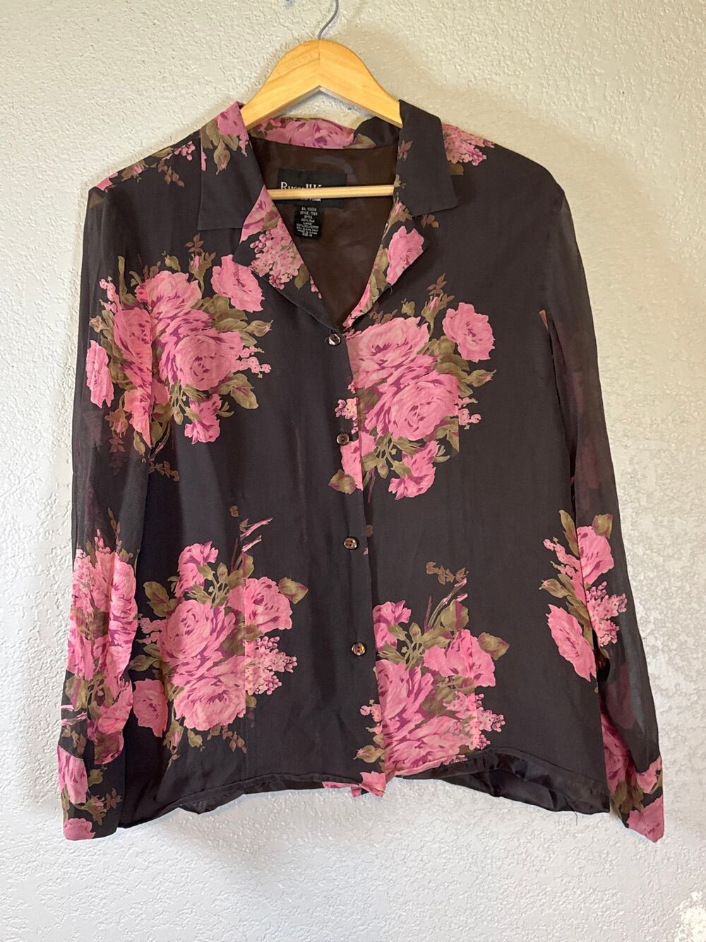 Vintage Silk Sheer Button Up Top Brown Pink Floral Minimalist Collared Womens 16